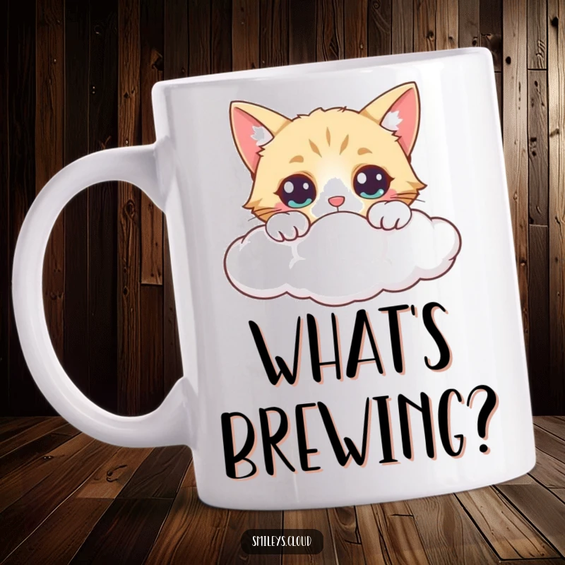 Funny mug shows a curious cat peeking over a fluffy cloud, eyes wide with wonder and playful intrigue.