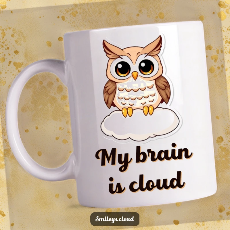 Funny owl mug with wide, curious eyes perched precariously on a fluffy cloud, showcasing an expression of pure wonder and amusement.