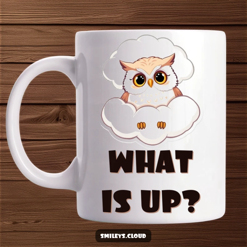 Funny mug featuring a curious owl peeking down from a soft, fluffy cloud, observing the world with intrigue.