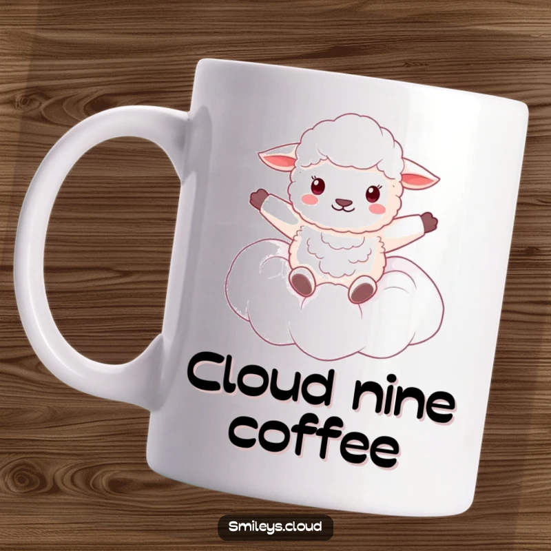 Funny mug shows a fluffy sheep happily floating on a big cloud, arms spread wide in pure joy and gentle relaxation.
