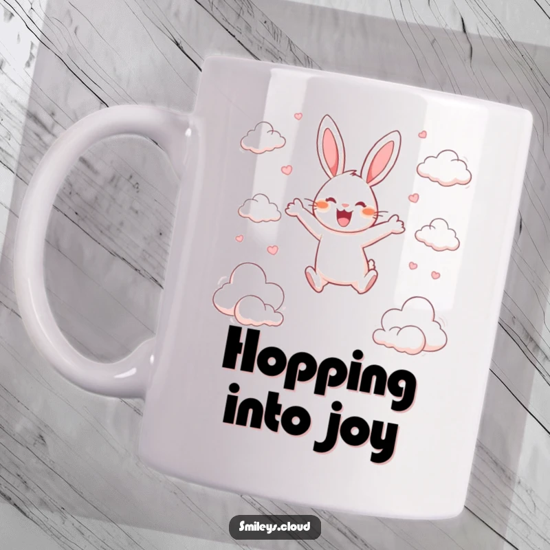 Funny mug shows a happy rabbit joyfully leaping between scattered clouds, arms outstretched in a moment of pure excitement.