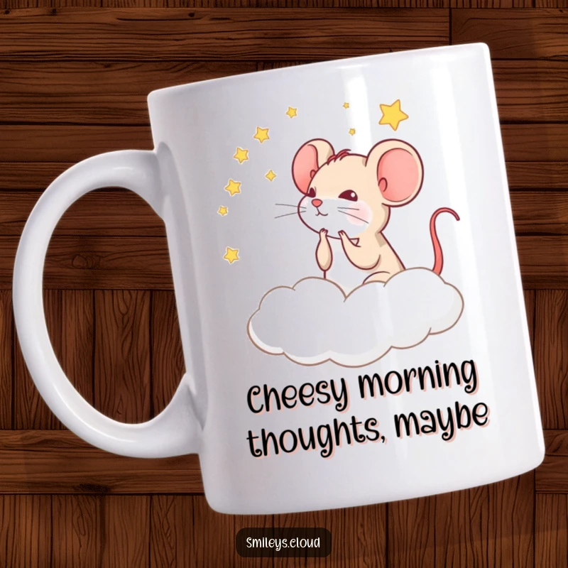 Funny mug featuring a thoughtful mouse gazing at stars from a cloud, embodying wonder and quiet contemplation.
