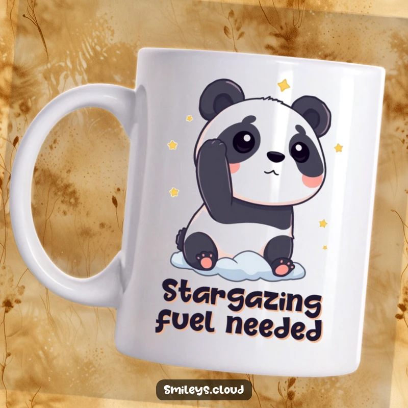 Funny panda mug showing a curious panda looking at stars from a cloud, a hilarious and dreamy scene.