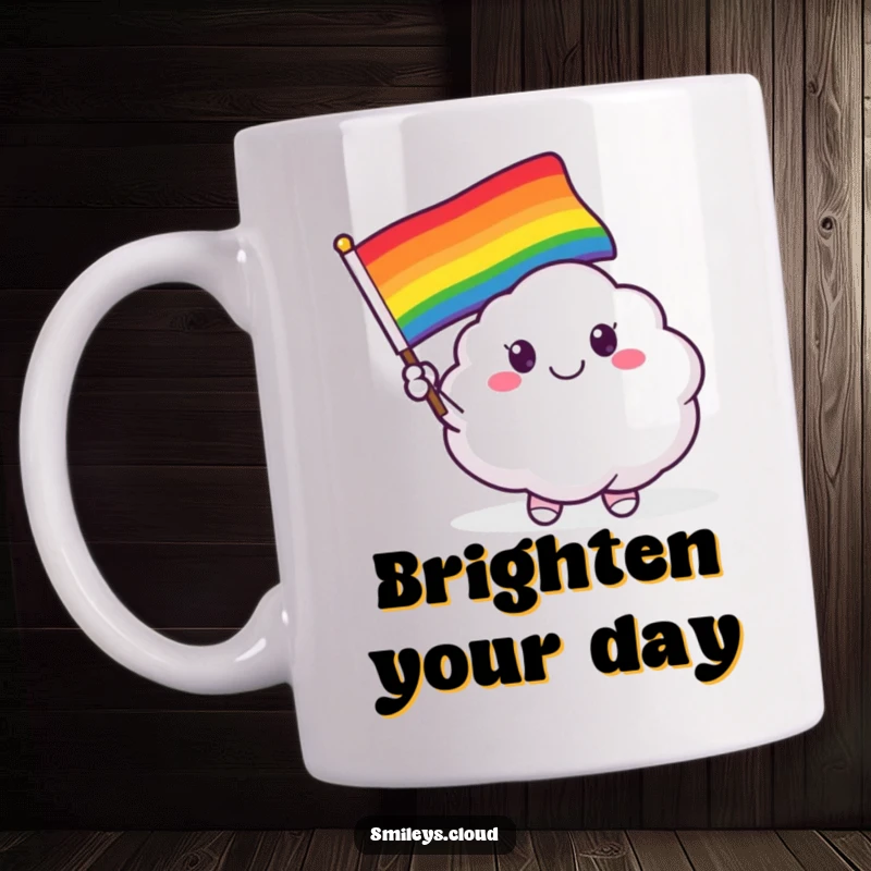 Funny mug featuring a smiling, cartoon cloud critter joyfully waving a colorful rainbow flag with enthusiasm.