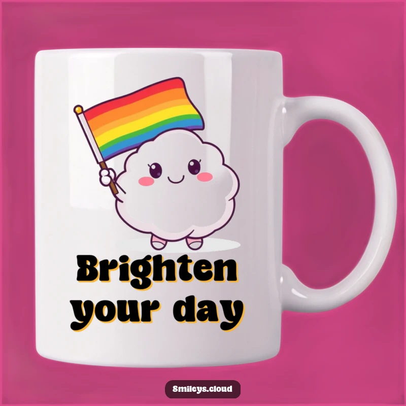 Start your day with a smile and this funny cloud critter mug, proudly waving a rainbow flag. A cheerful addition to your morning coffee.