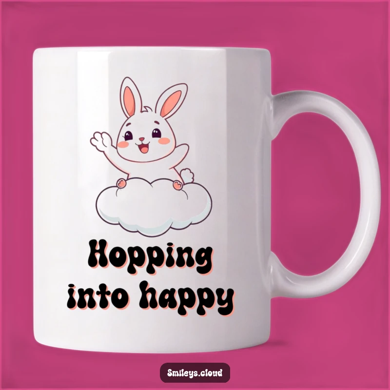 Funny Happy Bunny Mug: Cloud Floating Joy & Waving Humor, Perfect Sweet Gift!
