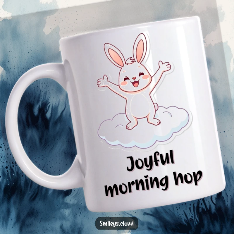 Funny illustration of a cheerful bunny joyfully balancing on a cloud with arms outstretched, printed on a fun mug.