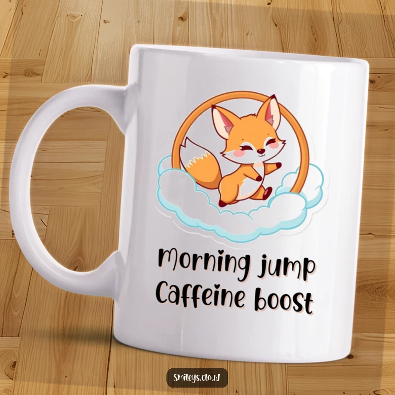 Funny fox mug showing a mischievous fox leaping with joy through a fluffy cloud hoop, embodying playfulness.