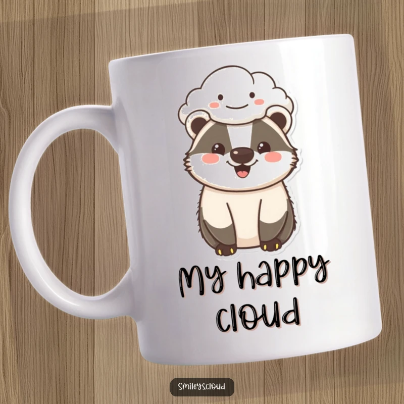 Funny cheerful badger mug with a happy badger and a smiling cloud overhead, radiating positivity and lighthearted fun.