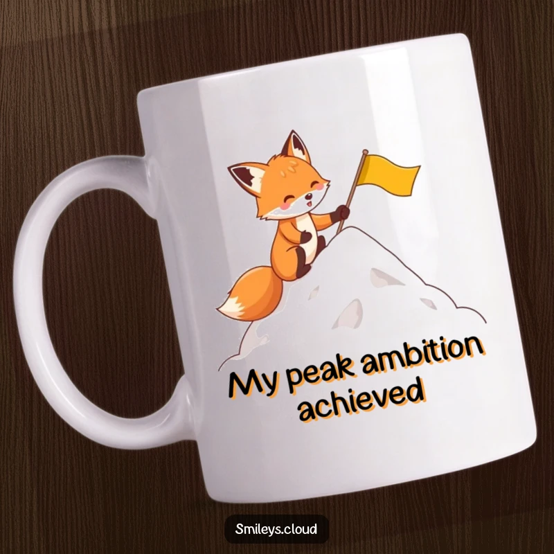 Funny mug featuring a determined fox character planting a tiny flag on a fluffy cloud peak, symbolizing ambition and humorous achievement.