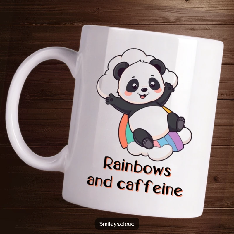 Funny Panda mug showing a playful panda happily sliding down a vibrant rainbow from a cloud, full of joy and whimsical adventure.