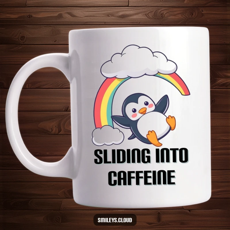 Funny Penguin Rainbow Mug: A playful penguin slides down a rainbow, descending from a cloud, a humorous and vibrant design.