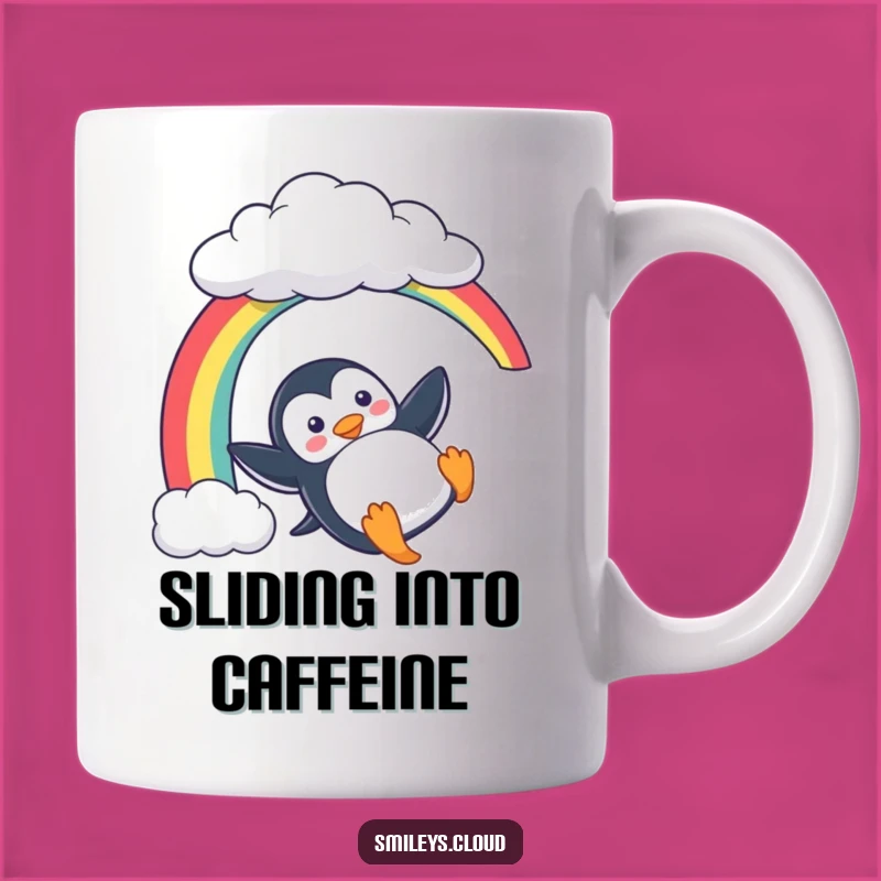 Funny Penguin Rainbow Mug: Playful Slide Humor, Perfect Joyful Gift!