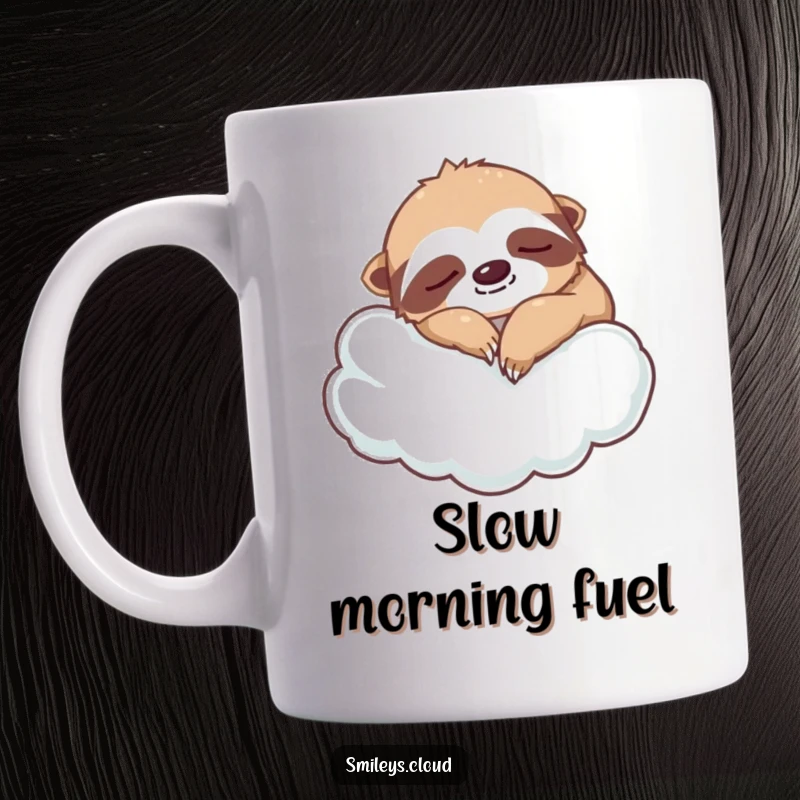Funny sloth mug featuring a silly sloth peacefully napping on a soft cloud, embodying extreme relaxation and humorous laziness.