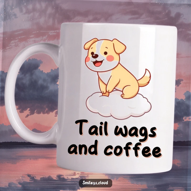 Funny happy dog wagging its tail while balancing precariously on a fluffy cloud, joyful.