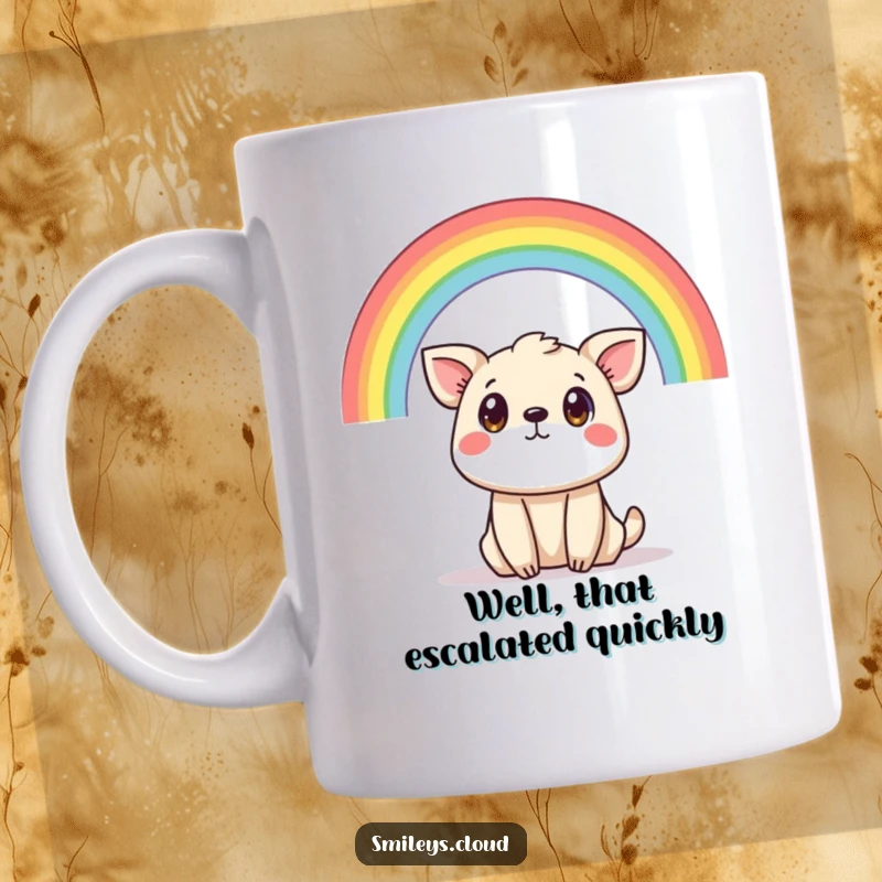 Funny mug with a startled animal gazing up at a magical rainbow overhead, conveying surprise and wonder.