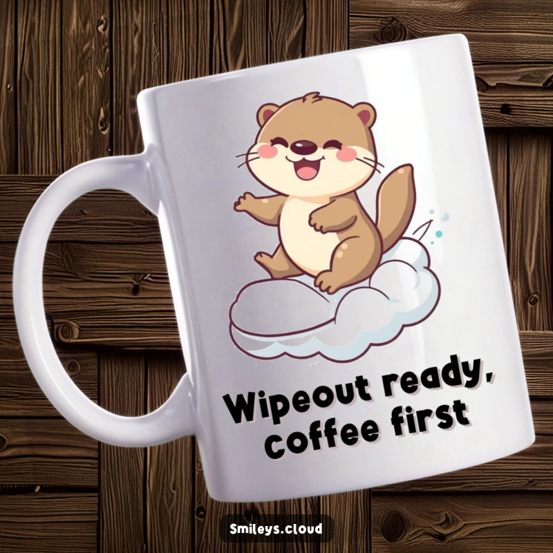 Funny cheerful otter playfully surfing on a rolling cloud, happy expression, on a ceramic mug.