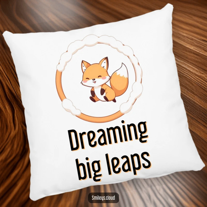 Funny pillow with a playful fox leaping through a cloud hoop, offering comfort and a touch of whimsical humor.