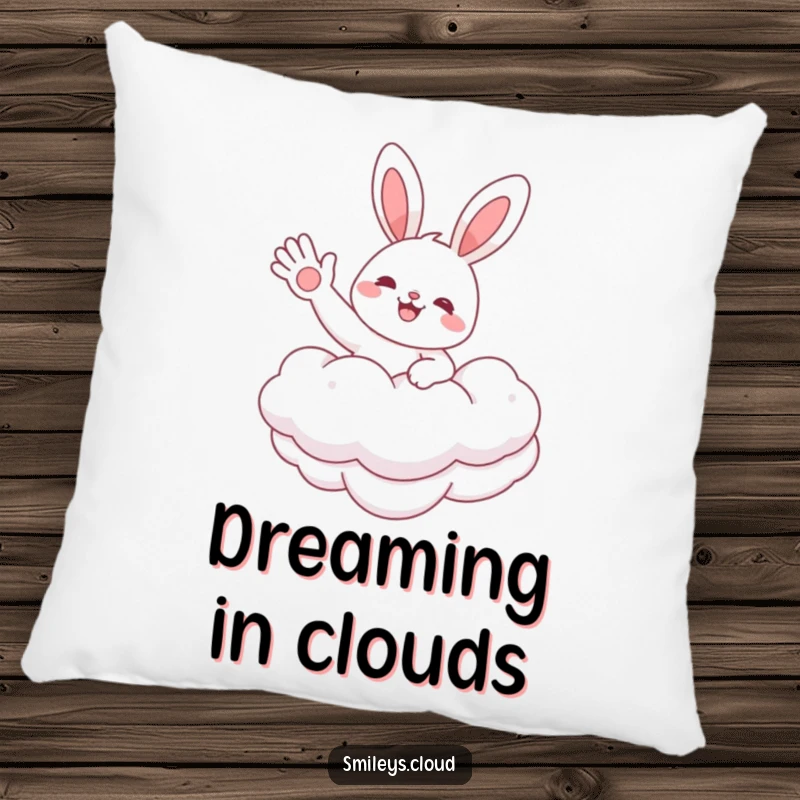 Funny pillow with a cheerful bunny character floating on a soft cloud, waving hello, providing comfort and a touch of whimsical decor.