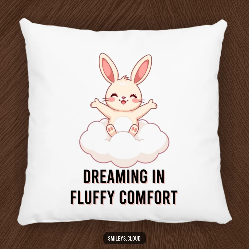 Funny adorable bunny floating on a fluffy cloud, arms outstretched, soft decorative pillow.