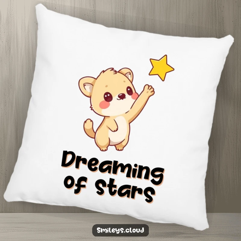 Funny pillow featuring a curious animal reaching out to touch a star, perfect for cozying up with dreams and imagination.