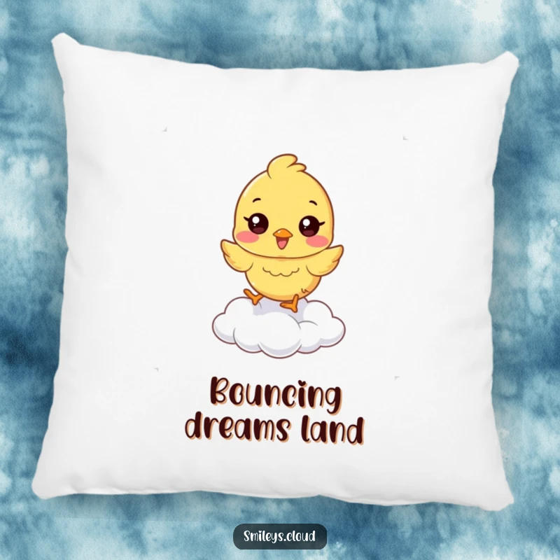 Funny chick pillow with a happy chick hopping on a cloud, a soft and humorous decorative accent.