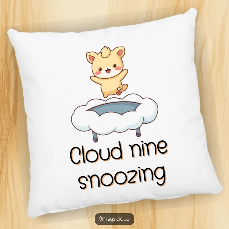 Funny pillow with a cute cartoon animal joyfully bouncing on a soft, dream-like cloud, adding a touch of humor to any room.