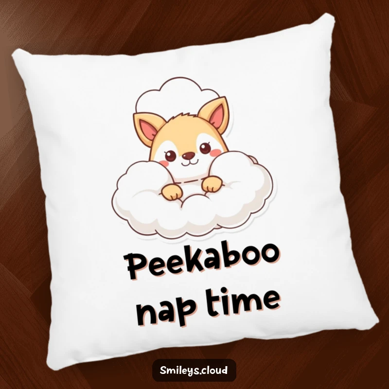 Funny pillow design featuring an animal character curiously peeking out from behind a fluffy cloud, perfect for cozying up.