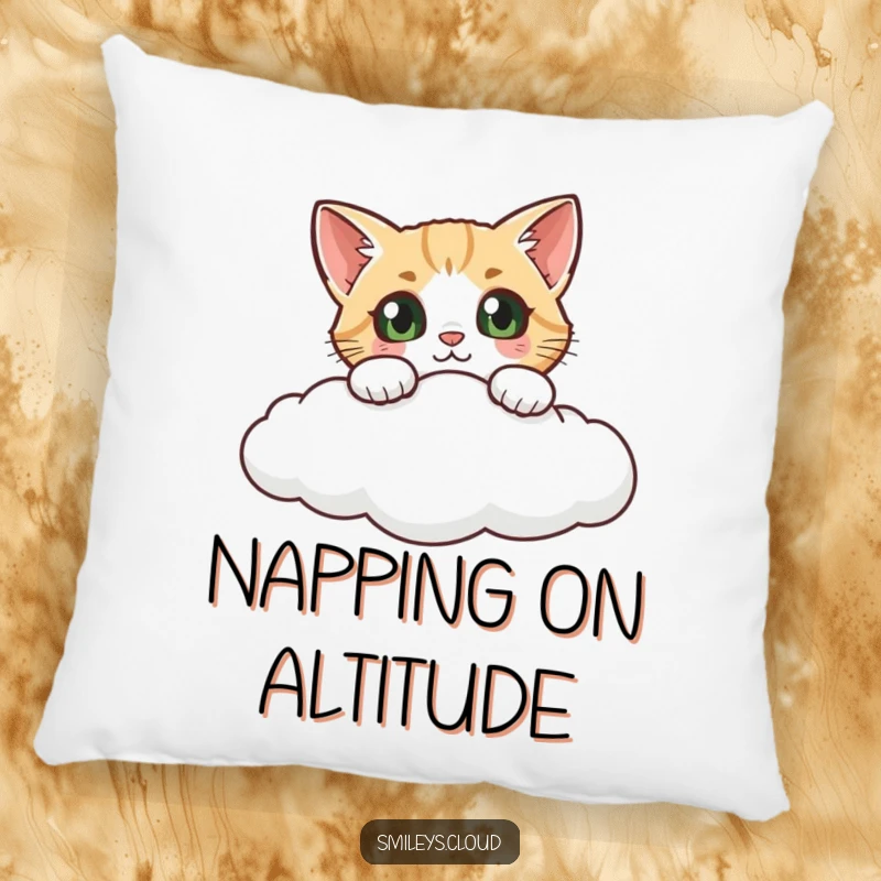 Funny cat pillow, a curious cat peeking over a cloud's edge, offering soft comfort and a hint of playful mystery.