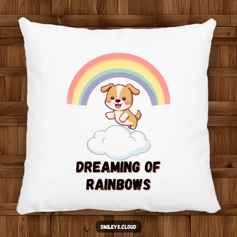 Funny decorative pillow with a playful dog jumping through a rainbow over a cloud, offering funny comfort and joy.