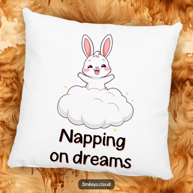Funny grinning bunny joyfully bouncing on a cloud, depicted on a soft, decorative pillow for humorous comfort.