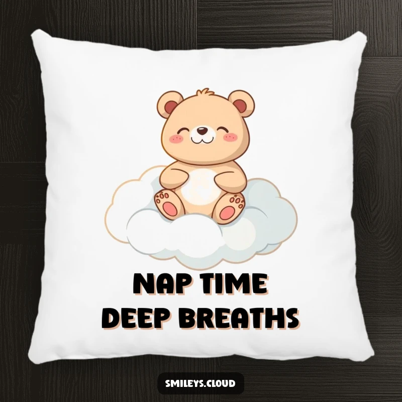 Funny meditating bear pillow featuring a happy bear meditating on a soft cloud, perfect for relaxation.