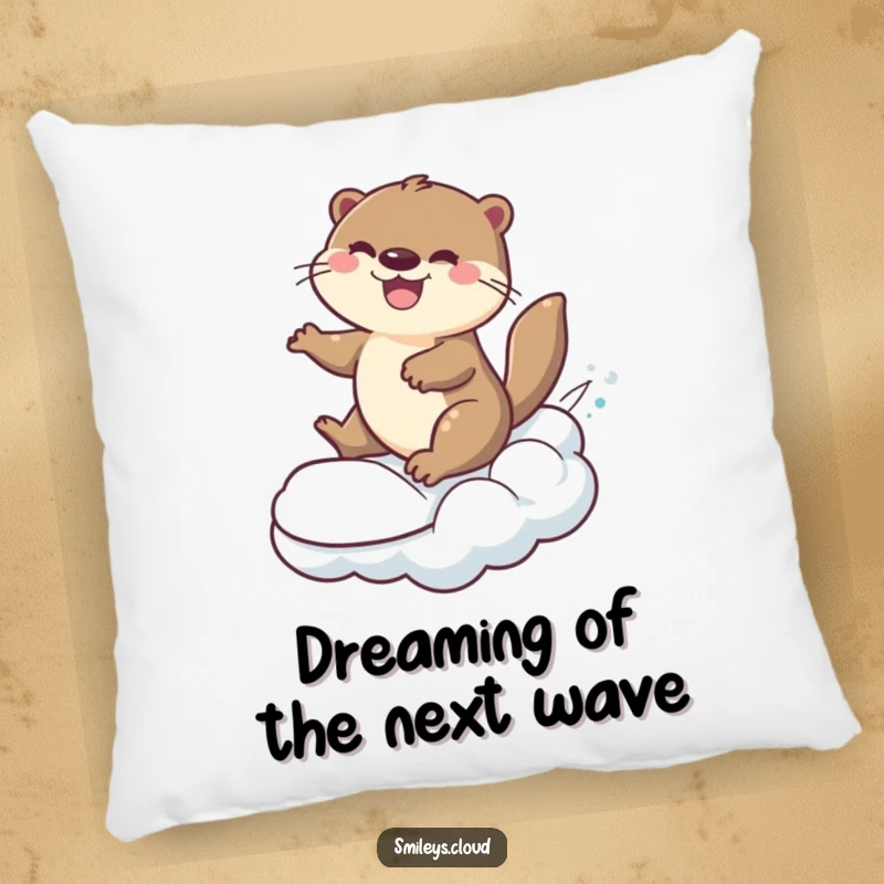 Funny cheerful otter surfing on a rolling cloud, soft decorative pillow.
