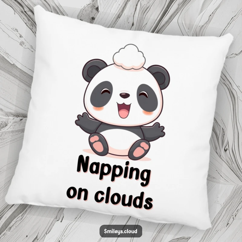 Funny pillow featuring a smiling panda cartoon balancing a small cloud on its head, providing comfort and humor.