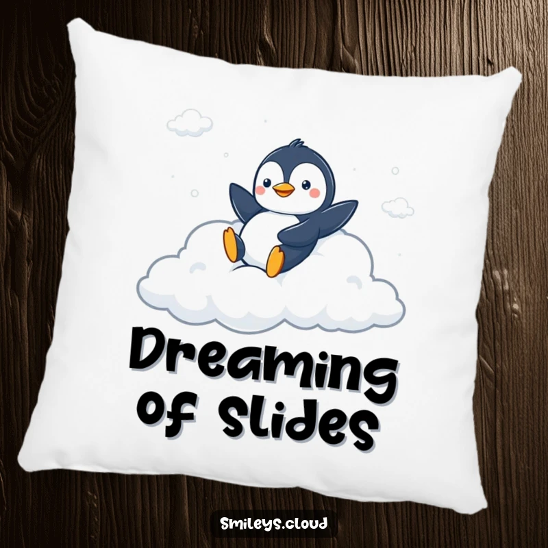 Funny pillow featuring a peppy penguin sliding down a fluffy cloud slide, offering cozy comfort and playful humor.