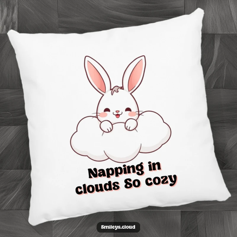 Funny rabbit pillow featuring a smiling bunny peeking from a soft, plush cloud, bringing comfort and cheer.