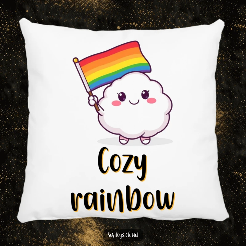 Funny decorative pillow featuring a smiling cloud critter waving a colorful rainbow flag, embodying cheerfulness.