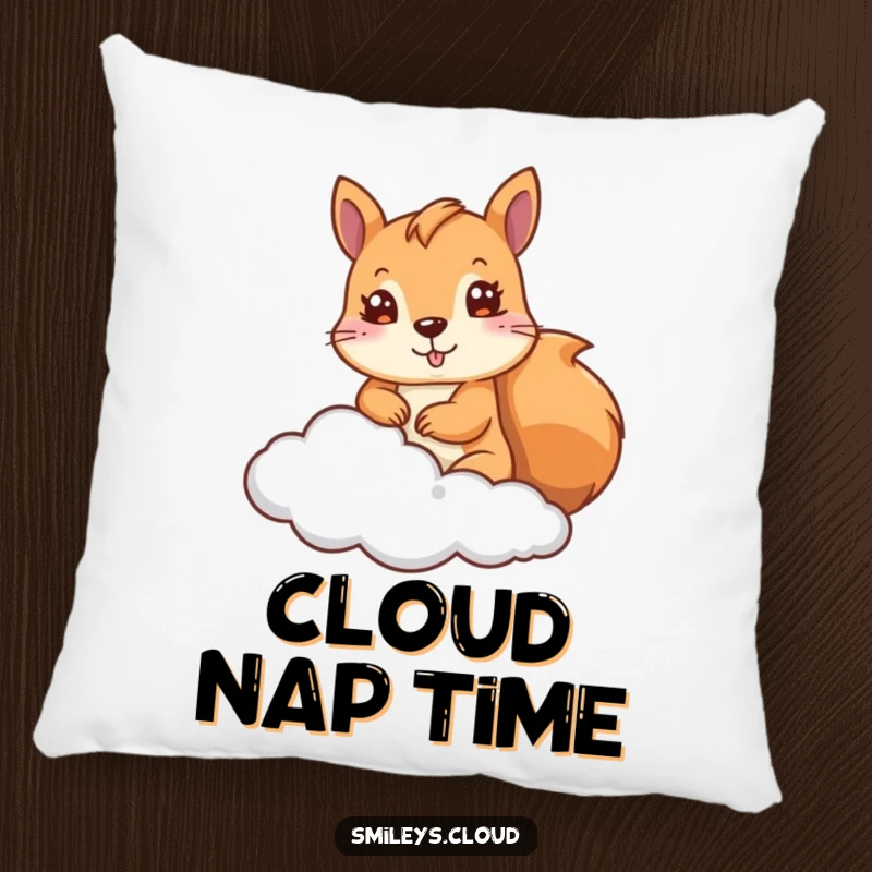 Funny Squirrel Pillow: A cute squirrel peeks from a fluffy cloud on this soft pillow, offering comfort and humorous charm.