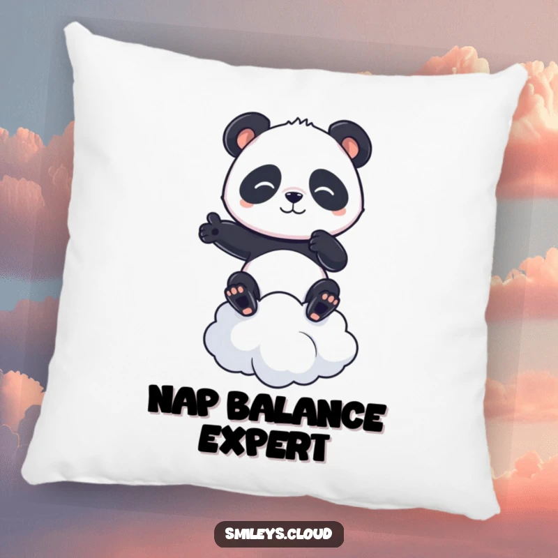 Funny pillow with a determined panda balancing on a cloud, offering comfort and a humorous zen balance.