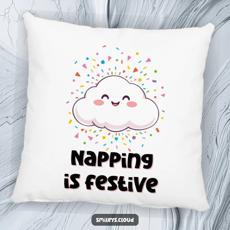 Funny pillow with a smiling cloud design, releasing colorful confetti for a cozy and festive accent that sparks joy.