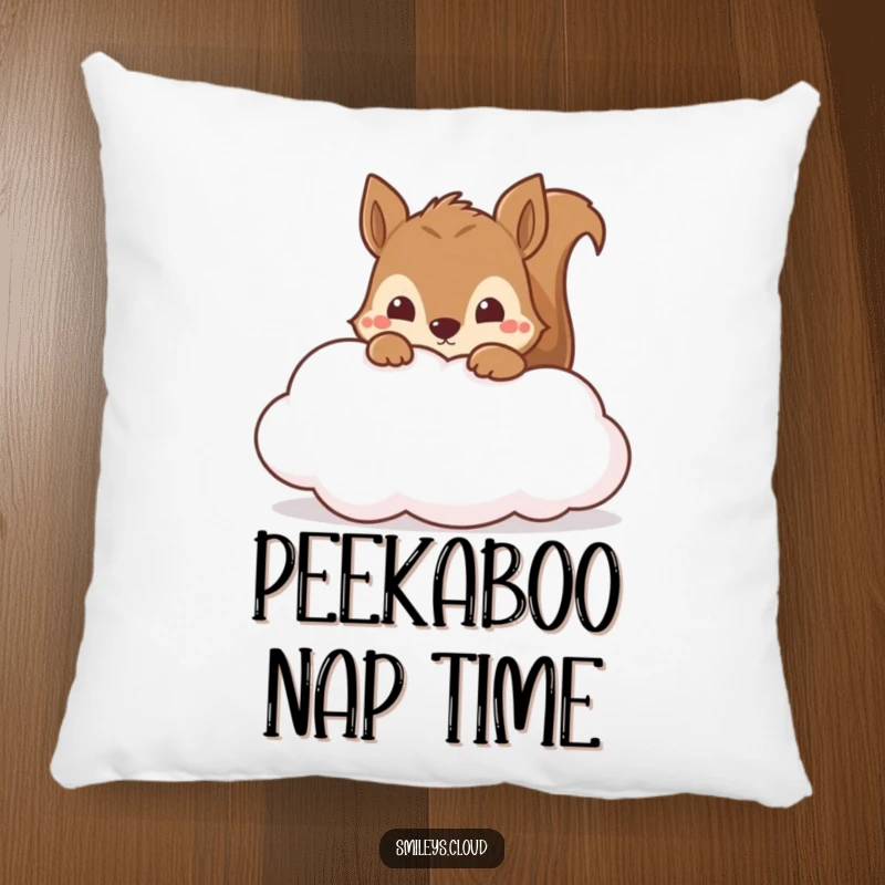 Funny squirrel peeking out from a soft cloud, adding a touch of humor and comfort to this decorative pillow.