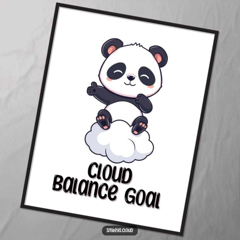Funny digital art print of a determined panda balancing on a cloud, offering instant focus and whimsical humor.