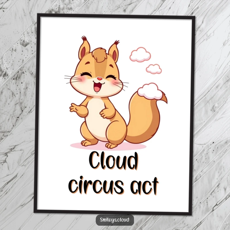 Funny Giggling Squirrel Juggling Clouds Digital Art Print: A joyful squirrel juggles clouds, offering instant whimsical and humorous wall decor.