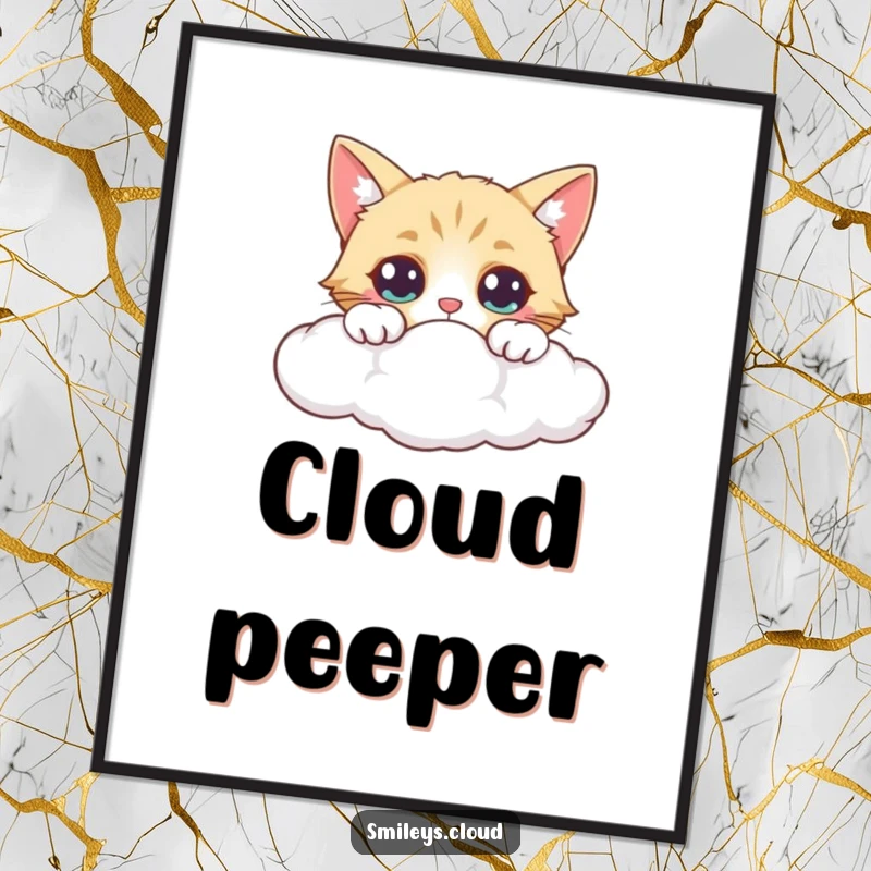 Funny digital art print of a curious cat peeking over a cloud, eyes wide with wonder and a hint of playful intrigue.