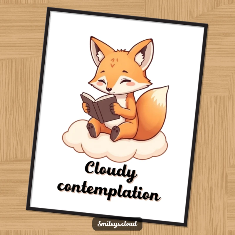 Funny Fox Digital Art: A determined fox reads on a fluffy cloud, creating intellectual and humorous downloadable wall art.