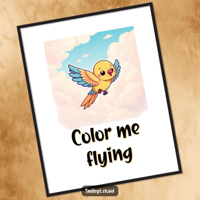 Funny parrot character flying through a sky filled with clouds, presented as vibrant, humorous digital art.