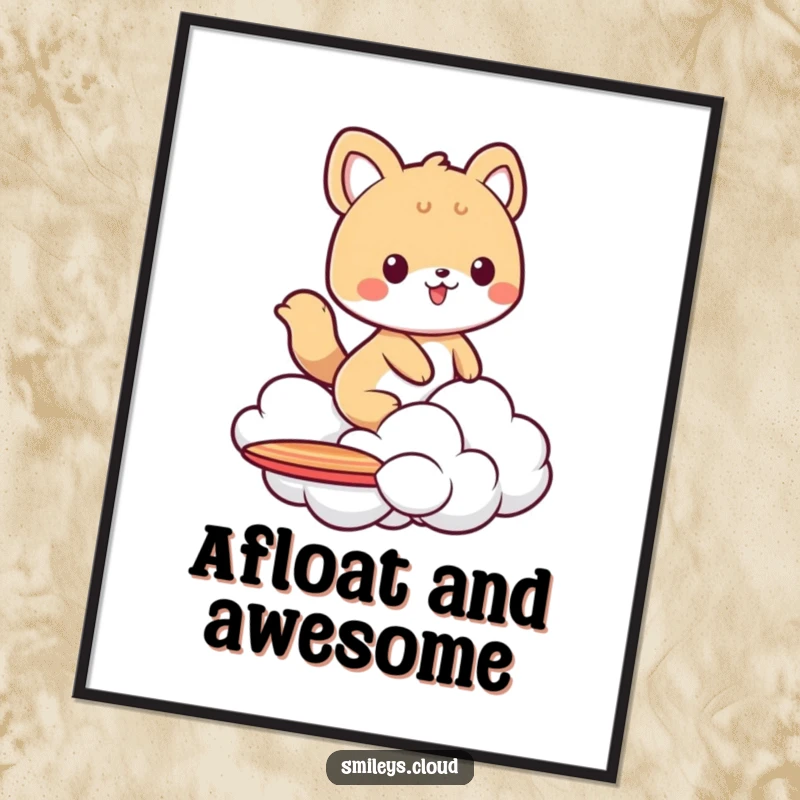 Funny digital art print of an animal character joyfully surfing on a cloud, conveying a sense of freedom and humorous adventure.