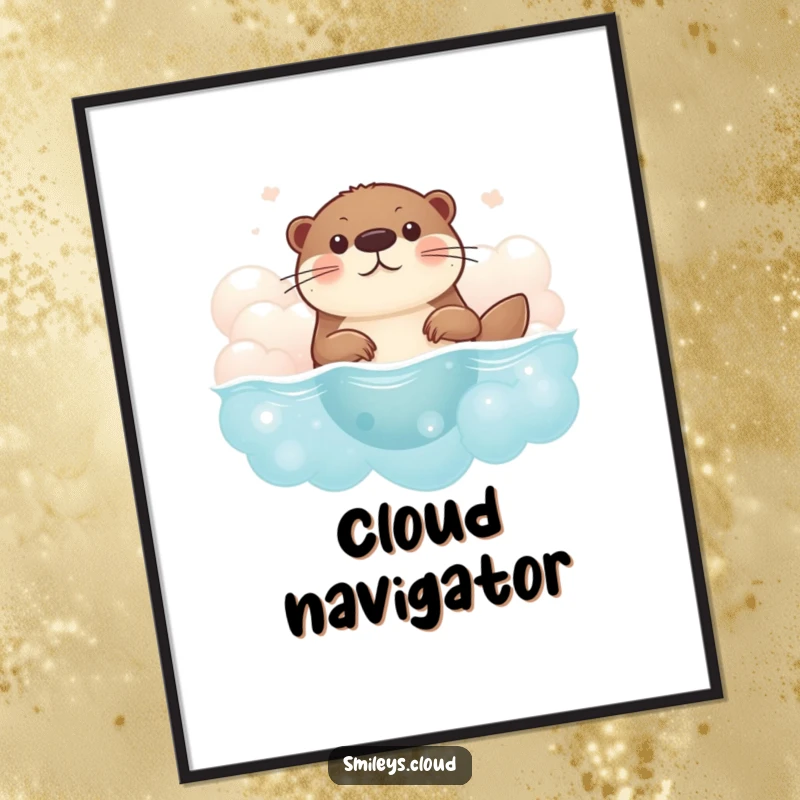 Funny brave otter digital art print, showing an otter swimming through clouds, ready for download and display as humorous home decor.