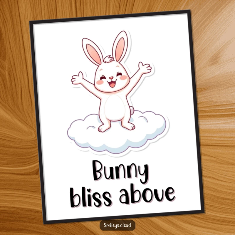 Funny digital art print of a cheerful bunny balancing on a cloud with arms outstretched, conveying funny joy and optimism.