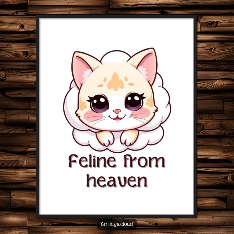 Funny digital art print of a happy cat peeking over a fluffy white cloud, offering a serene and funny visual.